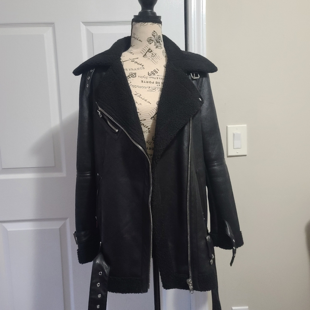 Avec Les Filles Faux Shearling Trim Faux Leather Oversized Biker Moto Jacket XS - Picture 6 of 13
